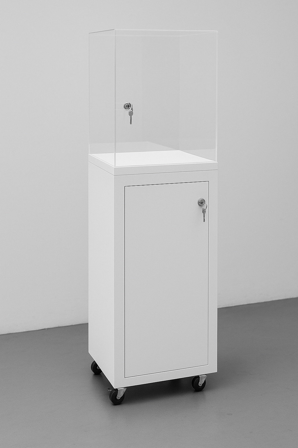totem con teca in plexiglass, ruote per movimentazione